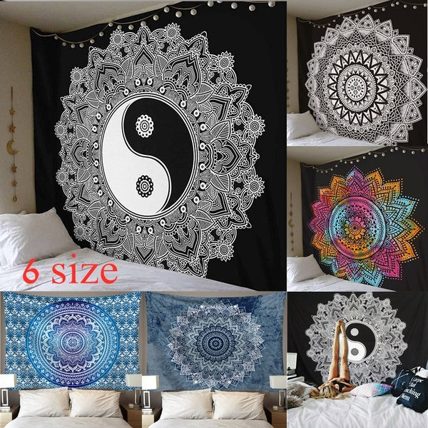 Bohemia Boho Mandala Tapestry for Room Wall Hanging Decor Hippie Tapestry Beach Towel Yoga Mat Blue-grey & blue-black-black & white-multicolor(95cmX73 Cm