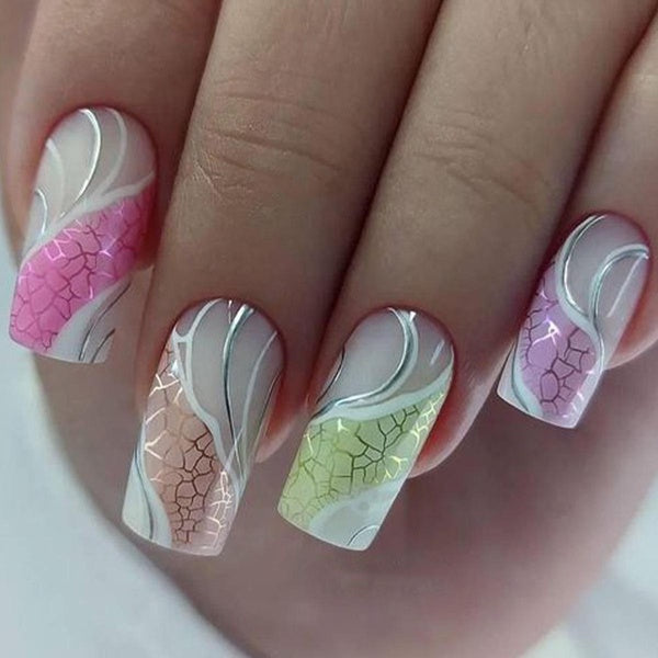24Pcs Colorful Flower Wearable False Nails Long Coffin Press on Nails with Rhinestone Design Ballet Artificial Fake Nails Tips