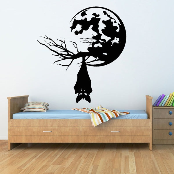 Vinyl Wall Decal Night Bat Animal Tree Branch Full Moon Stickers Mural Funny Kids Room Decoration Sticker Girls Boys