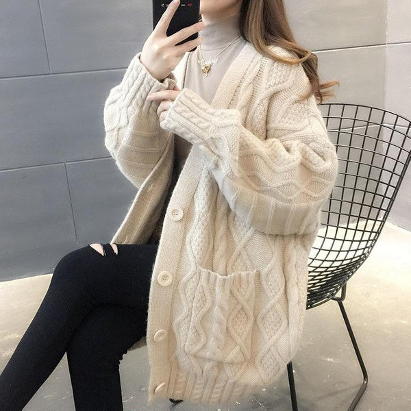 Autumn and Winter Women Fashion Casual Sweater Knitting Cardigan Full Sleeve Sweater Long Temperament Sweater Loose Button Cardigan Coat Keep Warm