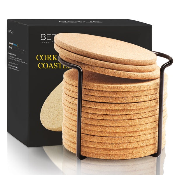 BETUS Round Cork Coasters 16pc Bulk Set with Metal Holder - 4" Diameter & 1-5" Thick - Drink Absorbent, Heat-Resistant, Reusable Saucer Pad for Glass