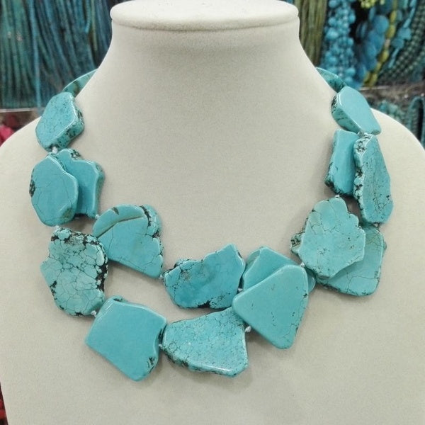Turquoise Slice Stone Choker Necklace Handmade Woman Gift 2 Layer
