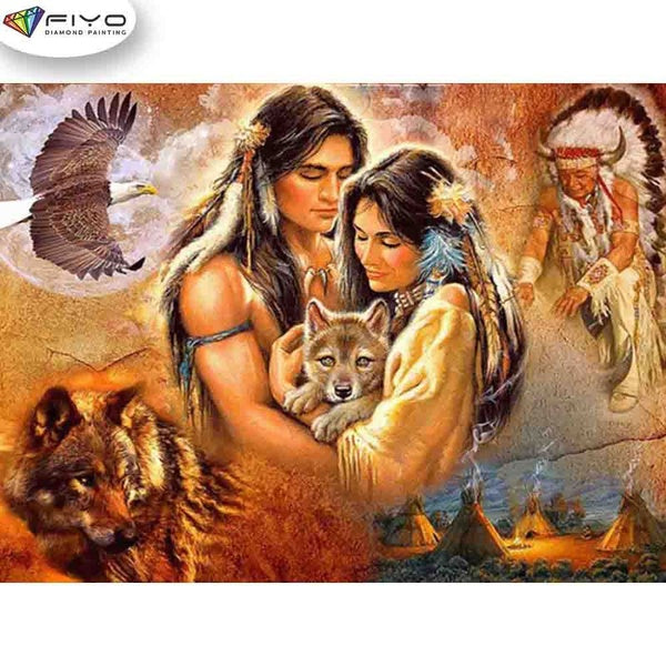 FIYO Beauty and Wolf DIY 5D Diamond Painting Full Drill with Number Kits Home and Kitchen Fashion Mosaic Diamond Painting Canvas Wall Decoration Gift