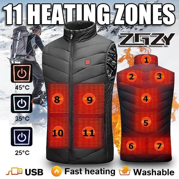 ZGZY 11 Heating Areas Smart Heated Vest Jacket USB Men Winter Electrical Heated Sleevless Jacket Outdoor Fishing Hunting Waistcoat Hiking Vest