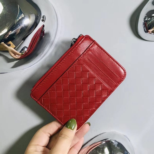 Véritable cuir tissé titulaire femmes en peau d'agneau fermeture éclair sac à main marque hommes porte-carte Ultra-mince pli portefeuille poche à mon