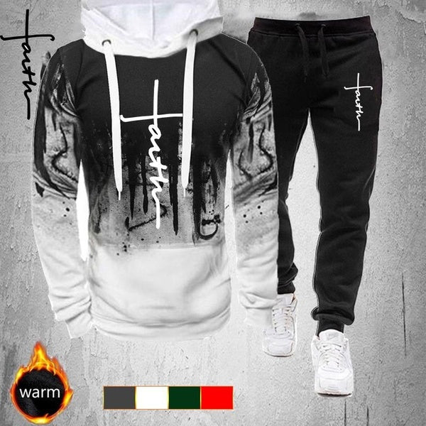 Mens Fashion Jesus Printed Camouflage Pullover Hoodie and Sweatpant Tracksuit Jogging Suits