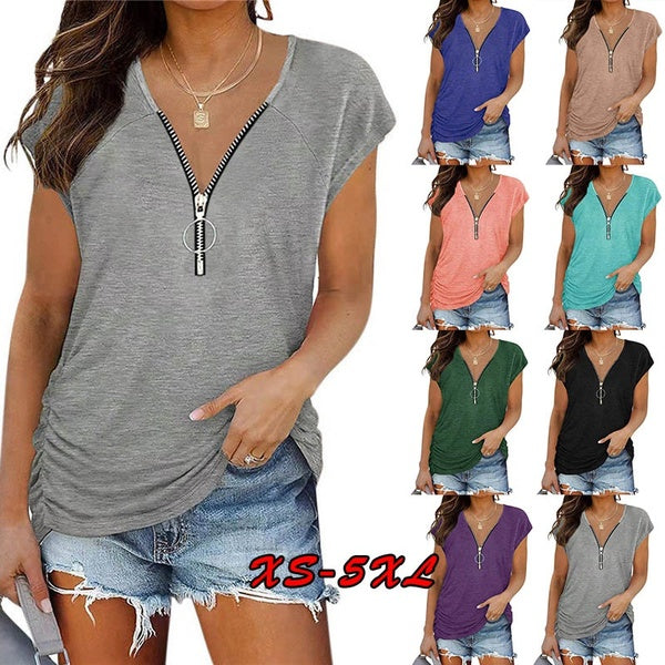 XS-8XL Women's Deep V-neck Short Sleeved T-shirt Casual Plus Size Blouses Ladies Zipper Neck Solid Color Tops Loose Cotton Shirts Summer Fashion Clot