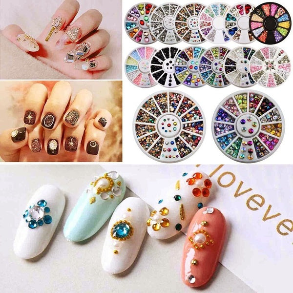 Fashion 12 Grids Nail Rhinestone Mixed Colorful Crystal Nail Studs Nail Beads 3D Nail Art Decorations Nail Accessories In Wheel