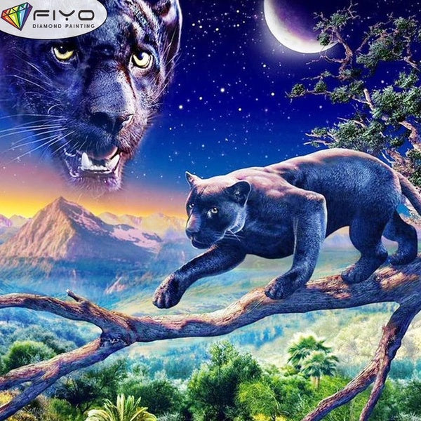 FIYO DIY 5D Panther Diamond Painting Full Drill with Number Kits Home and Kitchen Fashion Mosaic Diamond Painting Canvas Wall Decoration Gift Crafts