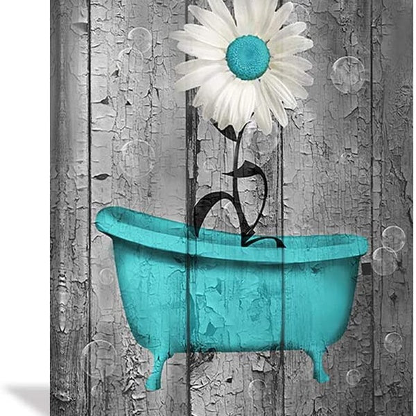 Daisy Wall Art Teal Bathtub Bubbles Print Painting Rustic Wood Grain Wall Decor Teal Gray Flower Poster Plant Decorative Canvas Artwork for Kitchen B