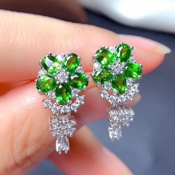 Charme émeraude pierre précieuse fleur boucles d'oreilles bijoux de fête plaqué argent femmes boucles d'oreilles proposition cadeaux d'anniversaire