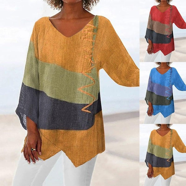 Women's V-neck Irregular Printed Shirts Fashion Casual Long Sleeve Multicolor Comfortable Blouses Loose Tops Plus Size S-5XL