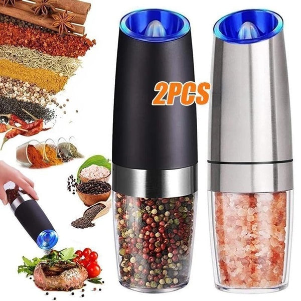 2Pcs Gravity Electric Pepper and Salt Grinder Set, Adjustable Coarseness, Battery Powered with LED Light, One Hand Automatic Operation, Stainless Ste