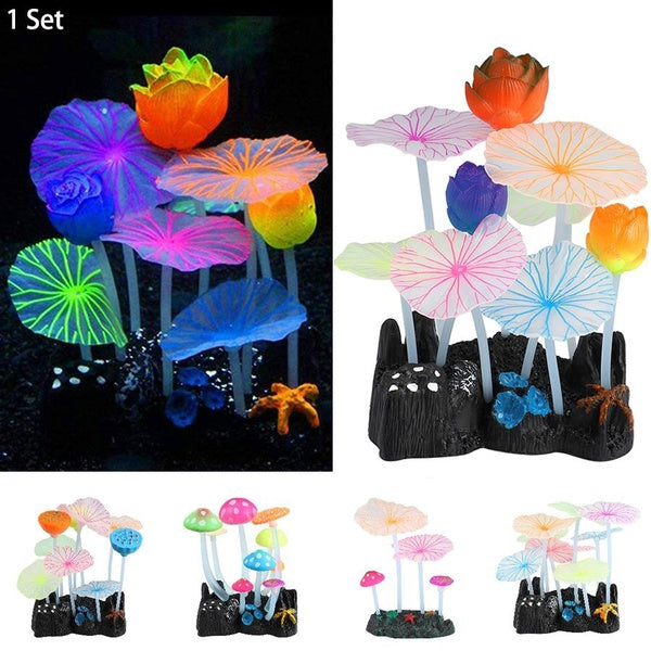 1 Set Aquariums Accessoires Fluorescent Artificiel Récif De Corail Rougeoyant Lotus Feuille Champignon Lumineux Silicium Plante pour Fish Tank Paysag