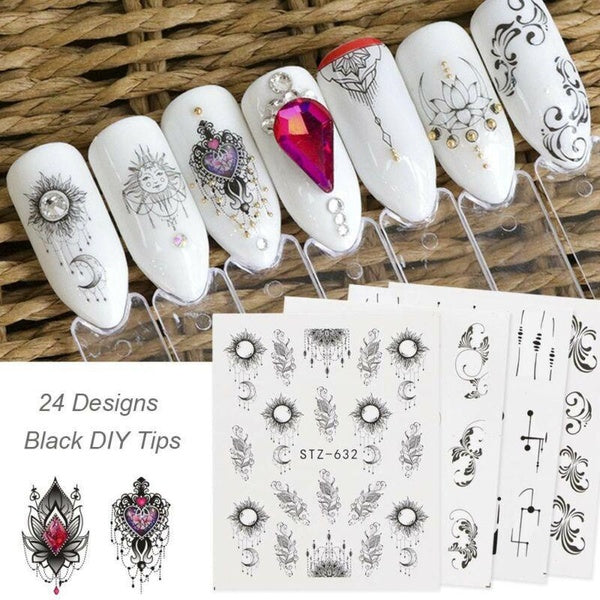 24 Sheets Dream Catcher Nail Water Transfer Sticker Decals Black Lace Nail Art Decoration