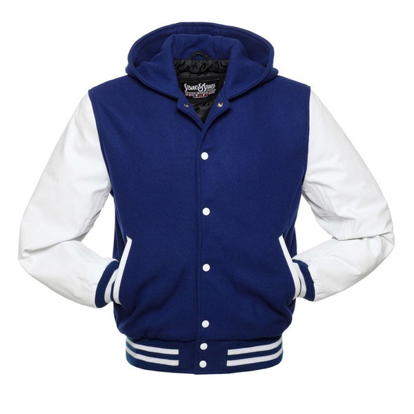 Royal Blue & White Hoodie Varsity Wool & Leather Jacket Letterman University Hoodie Jacket With White Rib