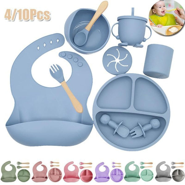 4-10Pcs Baby Bowls Plates Spoons Silicone Suction Feeding Food Tableware Non-Slip Baby Dishes Feeding Bowl Baby Stuff