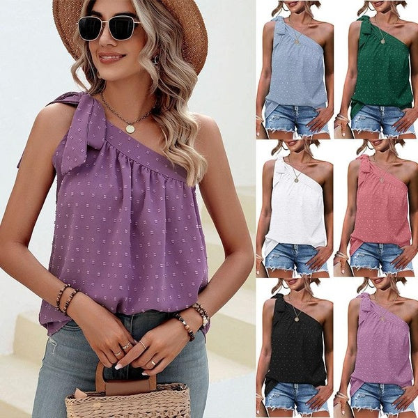 Women's Oblique Shoulder Sleeveless Blouses Ladies Summer Fashion Casual Loose T-shirts Tank Tops