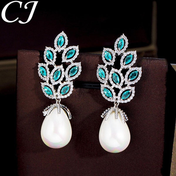 CANDICE Boucles d'oreilles pendantes en forme de feuille plaquée or blanc avec grande perle baroque incrustée bleu clair AAA zircon cubique noble dam