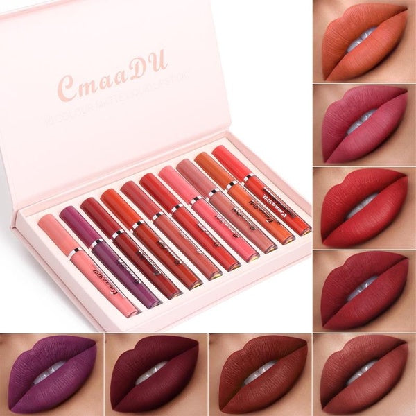 CmaaDu New Dazzle 10Pcs-Set Box Nude Matte Lipstick Lip Gloss Makeup Silky-Smooth Long Lasting Matte Lip stick Lipgloss Cosmetic