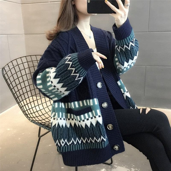 Autumn and Winter Women Fashion Casual Geometry Sweater Knitting Cardigan Full Sleeve Pocket Sweater Loose Button Cardigan Coat Keep Warm