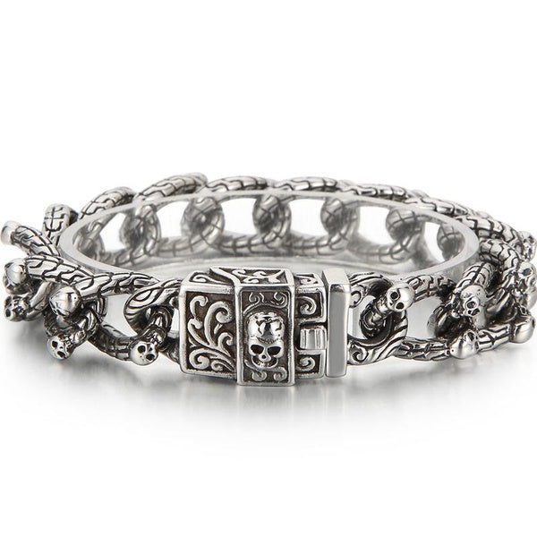 Gothic Skull Bracelets for Men Punk Skeleton Head Linked Curb Chain Bracelet Man Stainless Steel Party Accessories for Rapper Biker Matron Inn