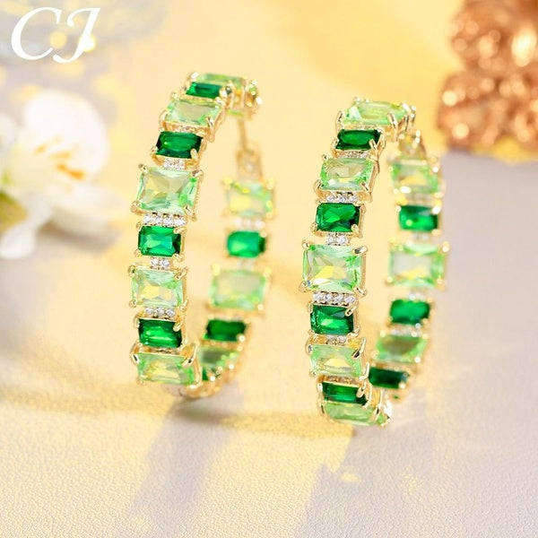 CANDICE Haute Qualité Princesse Cut Vert AAA Zircon Cubique Pierres Femmes Jaune Or Placage Grand Cercle Hoop Boucles D'oreilles Style Frais Oreille