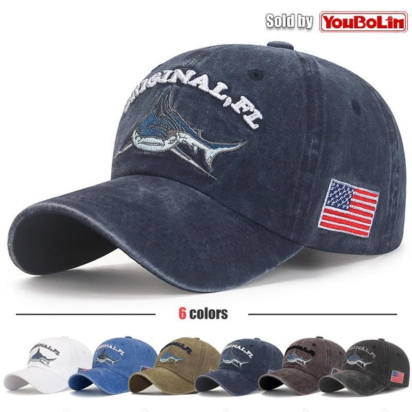 Nouvelle mode requin graphique 3D texte brodé sur le devant et drapeau américain brodé sur le côté hommes femmes casquette de baseball réglable class