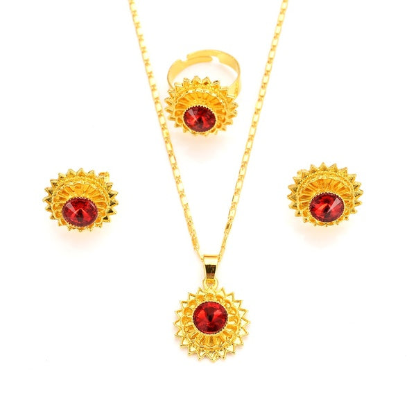 New Ethiopian Gold red rainstone Jewelry sets Pendant-Earrings-Bangle gold Stone Africa Ethiopia Wedding set Habesha Eritrea
