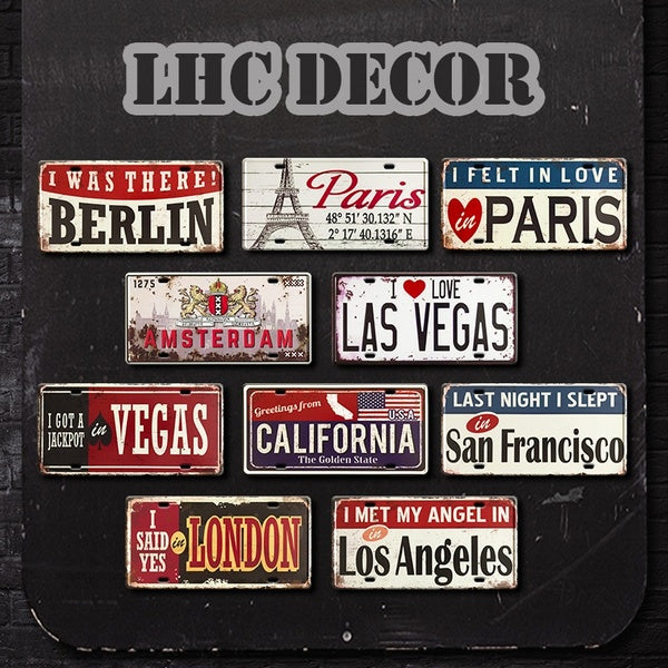 Vintage "City Theme" Metal Tin Signs Iron Sign Painting License Plate Pub Bar Cafe Home Man Cave Wall Decor