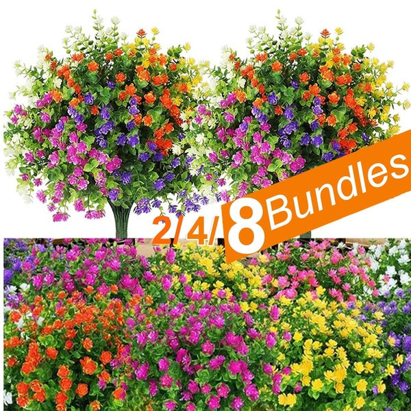 2-4-8 Bundles Fake Flowers Artificial Flowers Real Touch Artificial Bouquets UV Resistant Shrubs Plants No Fade Faux Plastic Home Garen Decors