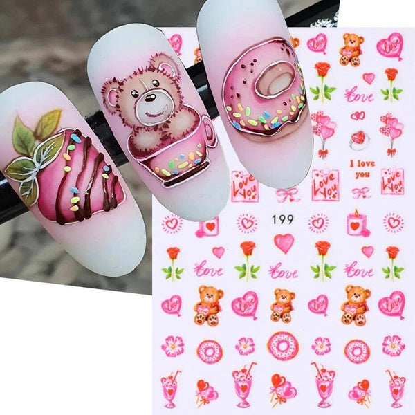 3D Cute Teddy Bear Valentine Nail Sticker Cartoon Pink Heart Rose Sliders DIY Love letter Nails Art Decals Manicure Decoration