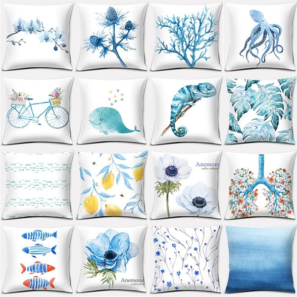 Anemone Flowers and Ocean Blue Watercolor Series Pillow Gift Home Office Decoration Pillow Bedroom Sofa Car Cushion Cover Pillowcase(45cm * 45cm)