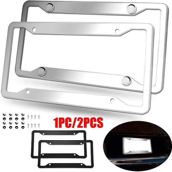 1PC-2PCS Stainless Steel License Plate Frames Heavy Duty Polished Mirror Car Tag Cover with Chrome Screws Caps, 4 Holes Front & Rear Holders with Fas