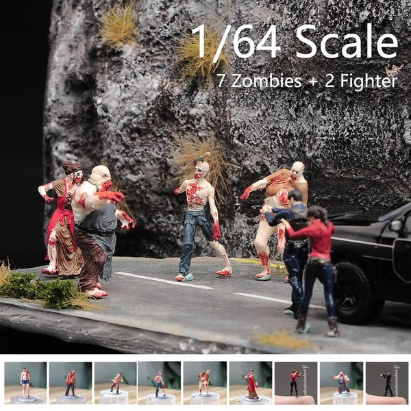 9 pièces-ensemble 1-64 échelle 7 Zombies + homme femme combattant Figurines miniatures accessoires de scène figurines de poupée modèle jouets Micro's