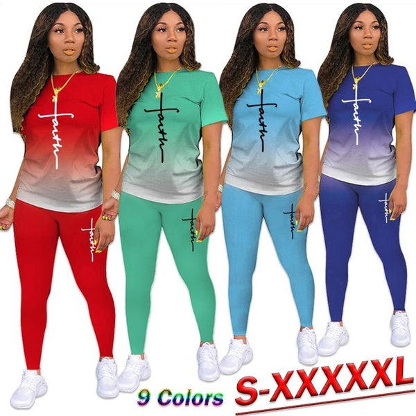 Summer Women's Sports Yoga Fitness Legging Athletic Sets Short Sleeve T Shirt + Pant Women's Fashion Gradient Tracksuit Casual Sportwear Two Piece Se