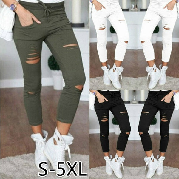 S-5XL Women's Fashion Pencil Pants Casual Hole Pants Women's Leggings