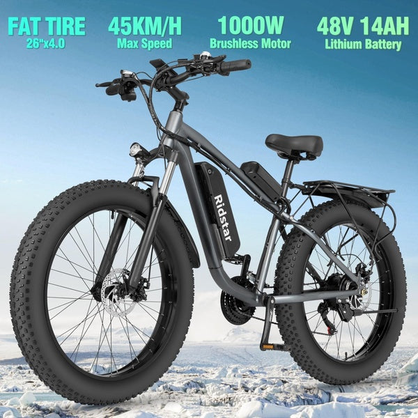 New Original Ridstar E26 26*4.0 Fat Tires Electric Bicycle 48V 1000W Motor 14AH Battery Mountain Snow Ebike with Back Seat