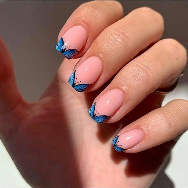 24pcs French False Nails Glossy Blue Butterfly Short Press On Nails Detachable Full Cover Acrylic Artificial Nails for Women Glue on Nails