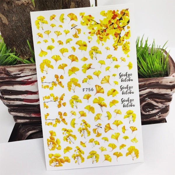 3D Nail Stickers Yellow Ginkgo Leaf Line Stickers for Nails Self-Adhesive Design Sticker for Manicure Decal Nail Art Decoration