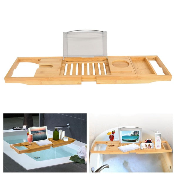 BBathtub Caddy Tray Crafted Bamboo Bath Tray Table Extendable Reading Rack Tablet Phone Holder Wine Glass Holder Shelf Desk Bathroom Spa