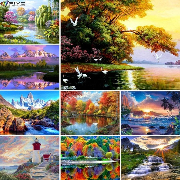 FIYO Landscape DIY 5D Diamond Painting Full Drill with Number Kits Home and Kitchen Fashion Cross Stitch Embroidery Paintings Canvas Pictures Wall De