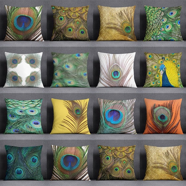 Luxury Peacock Feathers Full of Vitality Decoration Series Pillow Gift Home Office Decoration Pillow Bedroom Sofa Car Cushion Cover Pillowcase (45 cm
