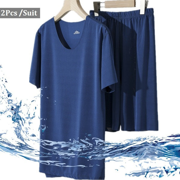 Summer Fashion Mens Two Pieces Short-sleeved Sleepwear Set Cool Ice Silk Casual Homewear Top+Short Pants（4 Colors）