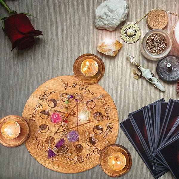 Wooden Magic Tray with Candle Holder, Astrology Pentacle Altar Plate, Divination Ornaments Tarot Supplies