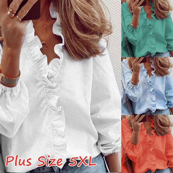 S-5XL nouvelle impression femmes chemisier à volants chemise femme Slim Fit à manches longues Blouses femmes vêtements col en v hauts grande taille