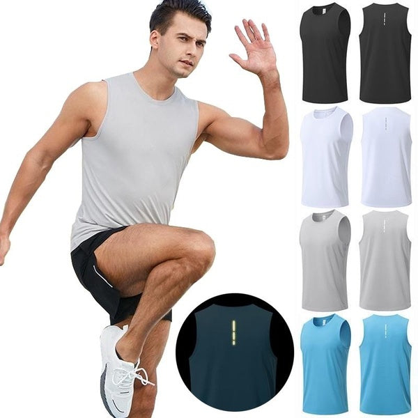 Men's Sport Tank Tops, Sleeveless Fitness Vest Quick Dry Bodybuilding Shirt with With Back Reflective Strip Summer Night Workout Moisture Wicking Swe