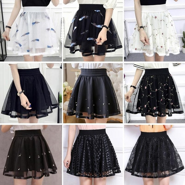 Women Lace Elastic Waist A Line Flared Mini Skirt Casual Pleated Skirts