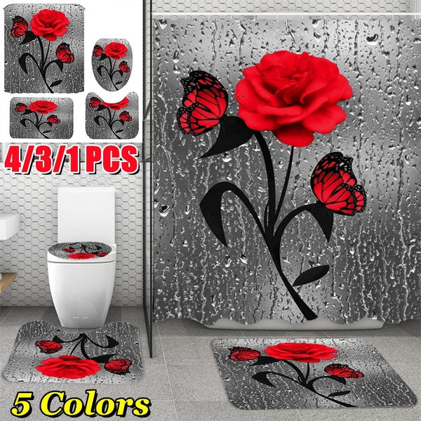 4-3-1pcs 5 Color of 3D Printing Butterfly Rose Pattern Bathroom Decoration Waterproof Non-slip Bathroom Shower Curtain Set Bathroom Carpet Toilet Lid