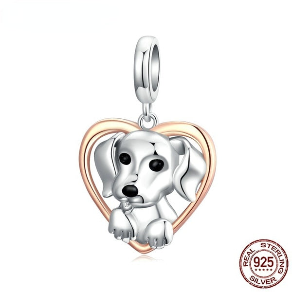 Convivialité Chien Charme 925 En Argent Sterling Coeur Perle Animal Pendentif Fit Original Bracelet Bijoux DIY Collier
